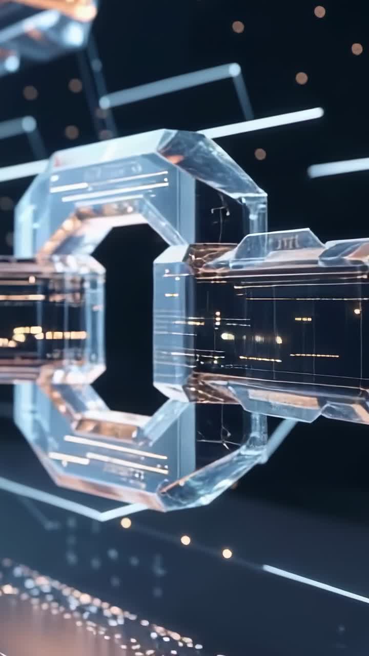 Vertical video: Camera panning causing chain rotating in void, glowing circuits and white lines