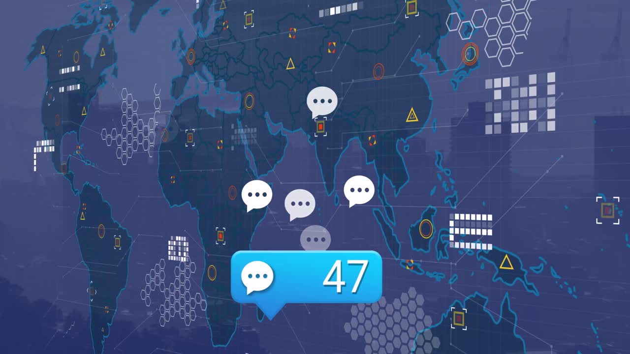 Animation of social media reactions, world map and icons over cityscape