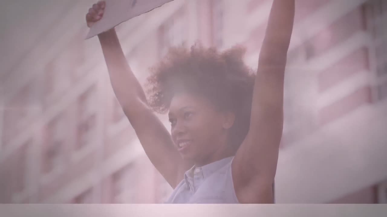 Animation of lights and lens flare over african american woman holding sign at protest in city