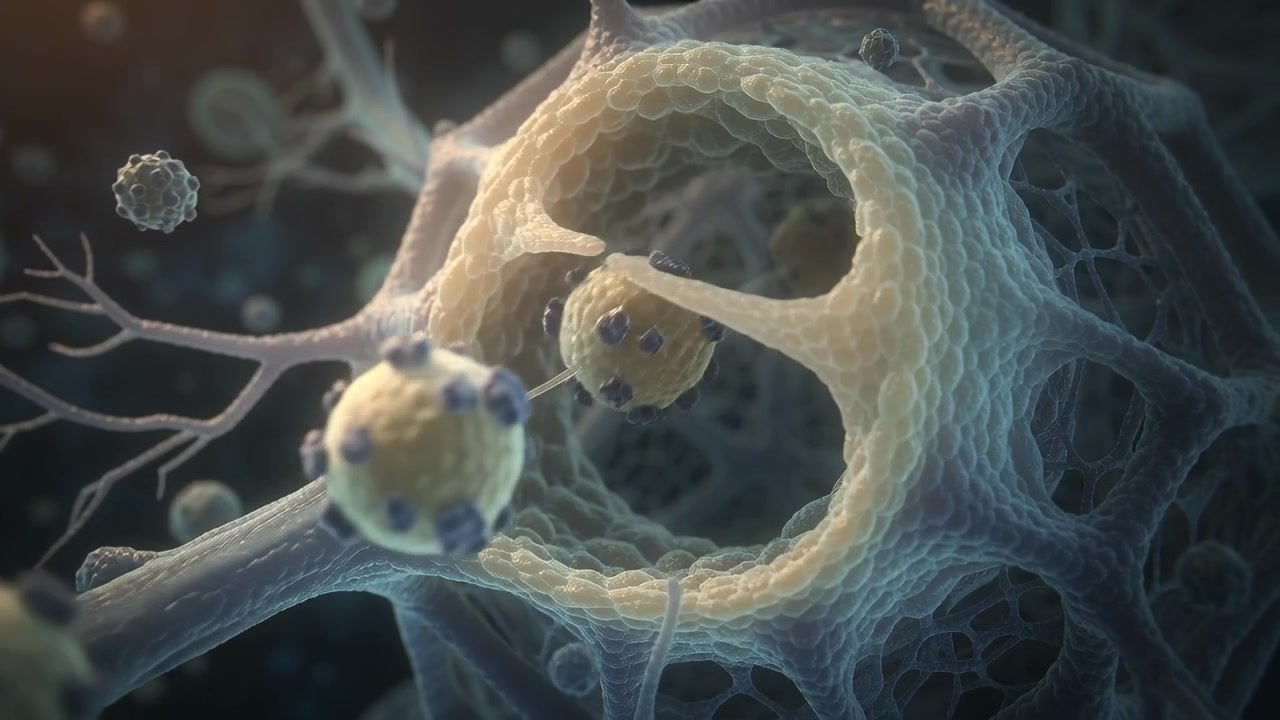 Particella dotata di punte che si avvicina muovendosi lungo un filamento verso una cella a nido d'ape, entrando nella cavità