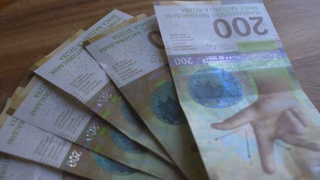 un primer plano de dinero suizo, doscientos francos suizos, billetes en detalle.