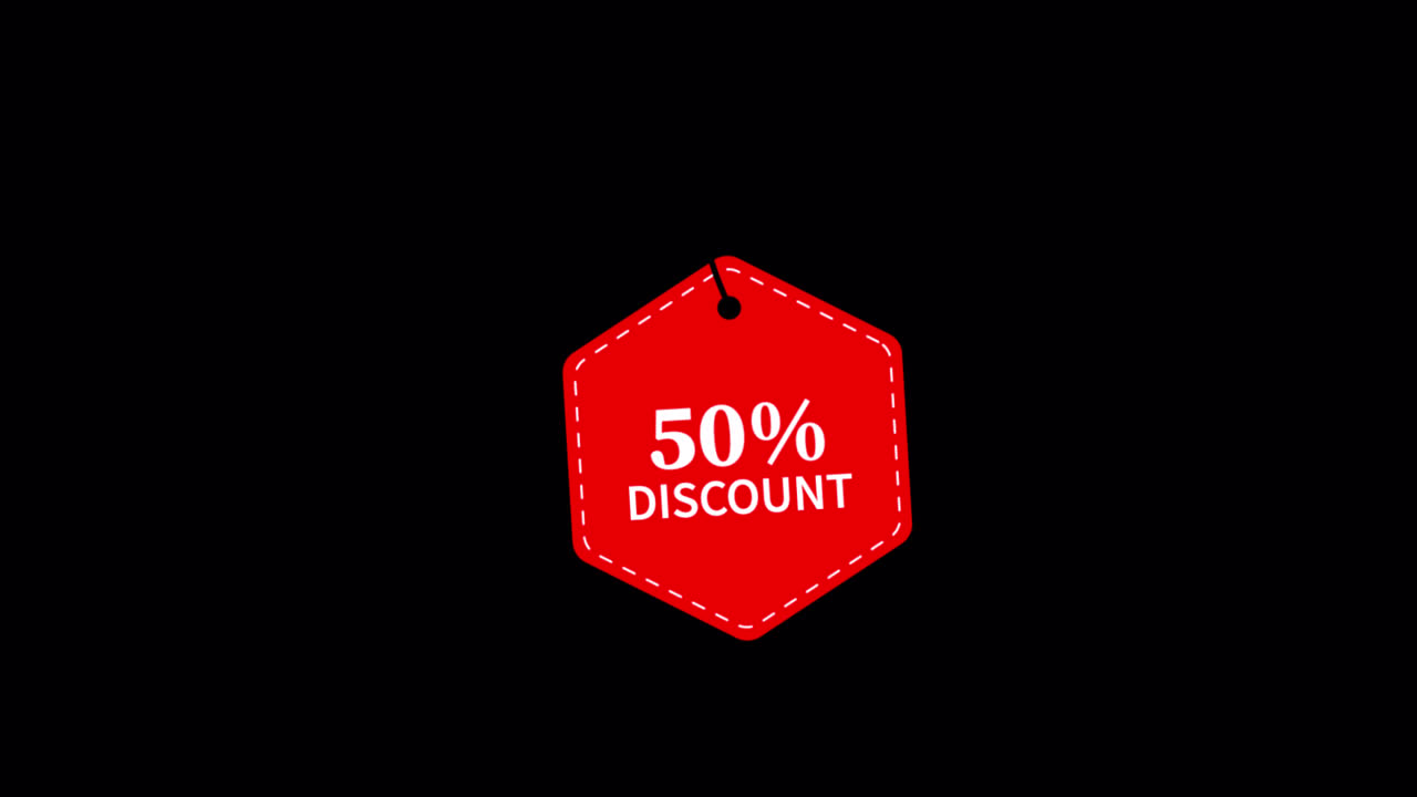 Etichetta di sconto rossa del 50% che ondeggia su sfondo nero