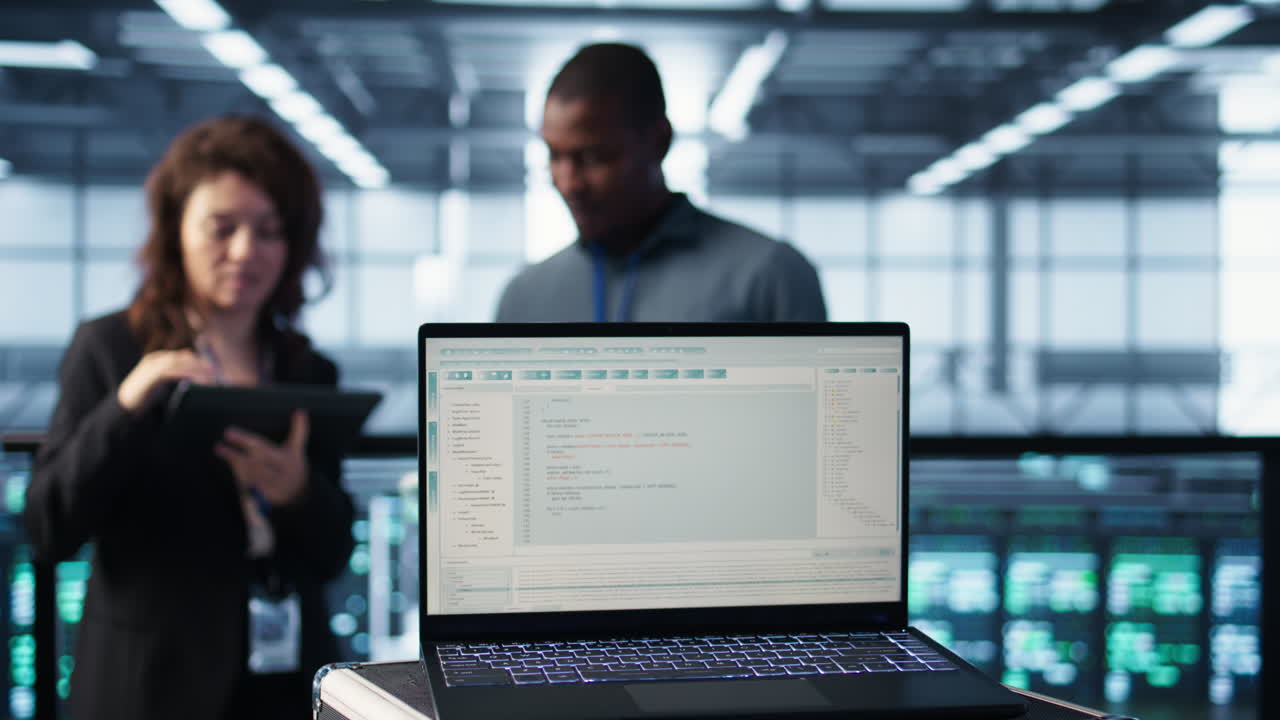 Programming language on notebook used by server room IT experts, close up