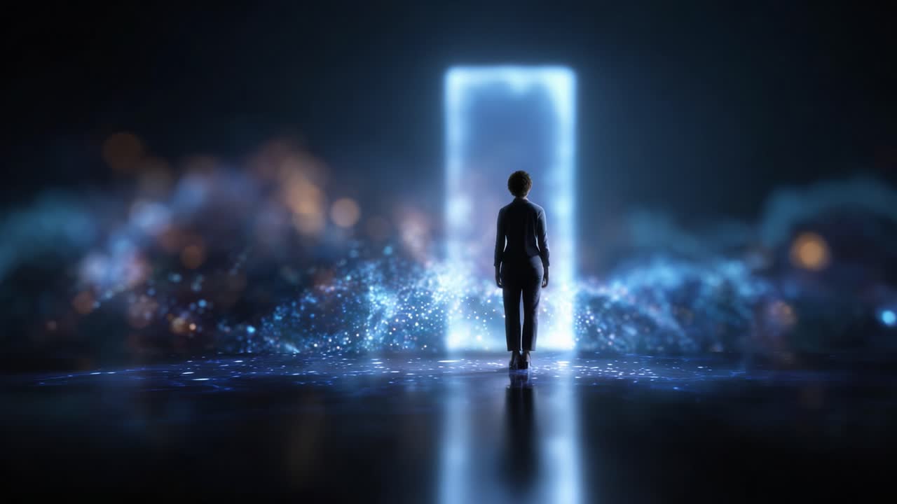 Uma figura está diante de um portal brilhante, cercada por uma paisagem cintilante de luz e cores, simbolizando a exploração e a jornada para o desconhecido