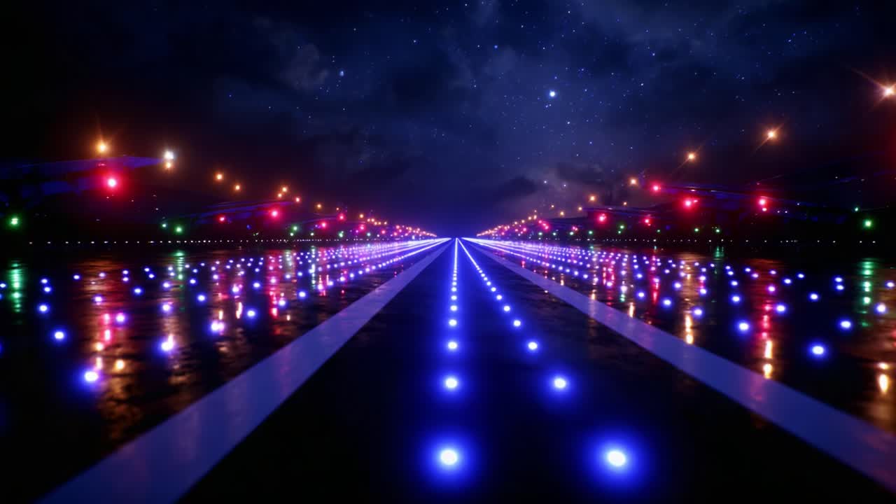 A Captivating Night Scene of a Runway Illuminated with Colorful Lights Under a Starry Sky, Showcasing a Dramatic Perspective that Enhances the Depth and Atmosphere of the Enchanting Setting