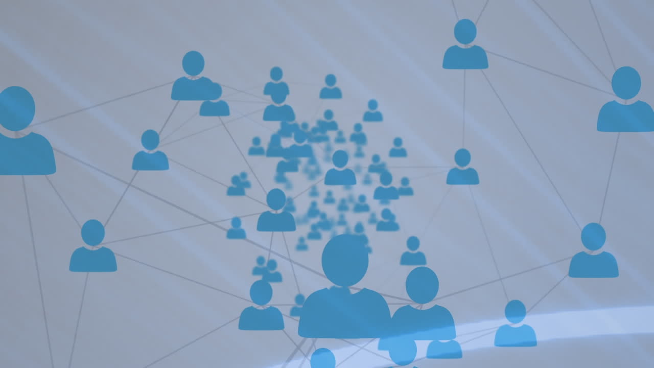 Animation of networks of connections with icons over white background