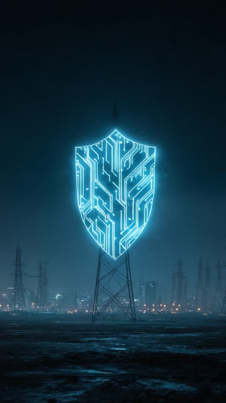 A Futuristic Neon Shield Illuminates a Dark Landscape, Symbolizing Protection and Technology in a Digital Age, with a Cityscape in the Background and Power Lines Stretching Out