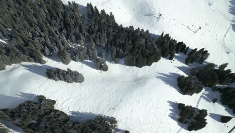 aerial drone top down shot over tourists and adventure seekers over a cable ride for sightseeing along snow covered engelberg, located in brunni, switzerland