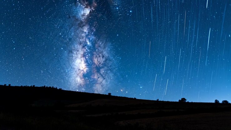 Starting camera to record meteors, Milky Way producing meteor streaks over dark hills