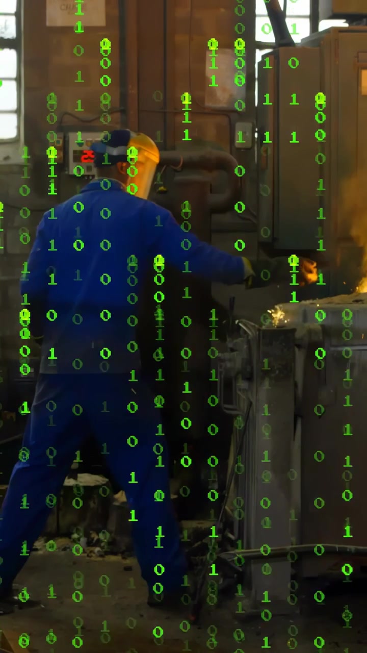 Vertical video: Worker stepping to forge finishing pour as sparks flying binary overlay hiding view