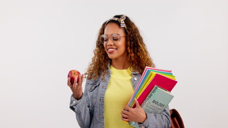 Student-woman,-apple-and-studio-with-smile