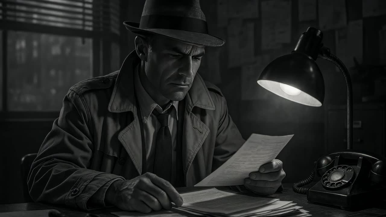 A noir-style video scene of a detective in a dimly lit office, captured from a side angle