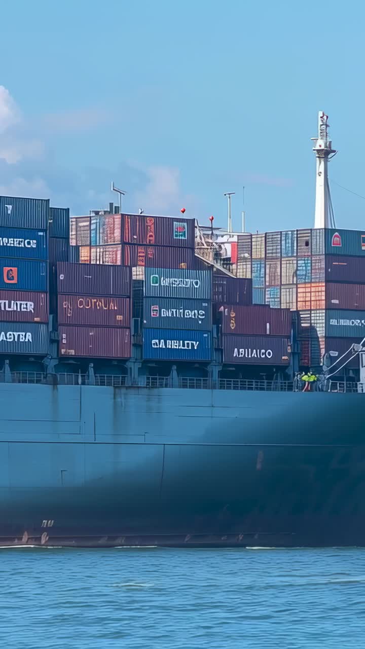 Vertical video: Panning camera, ship cruising channel, crew in hivis checking ladder and containers