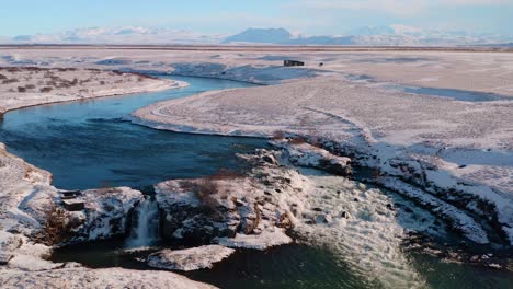 Aerial-orbiting-shot-of-wonderful-ice-landscape-at-sunset-time