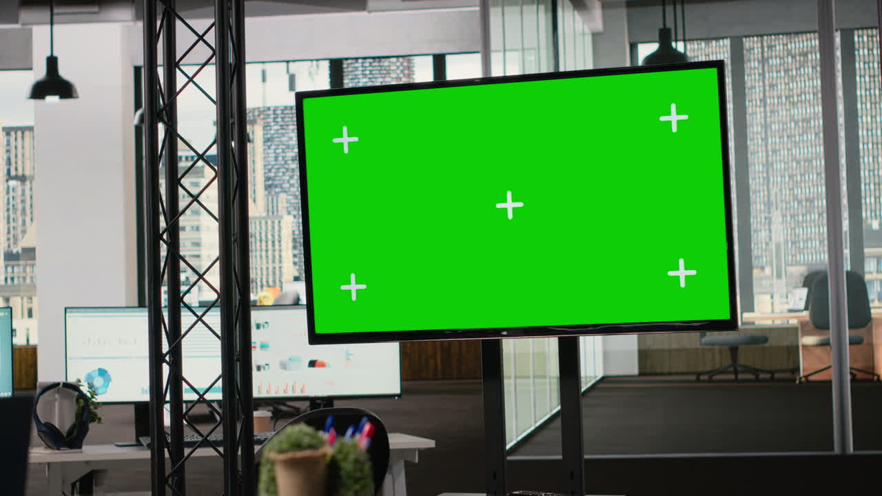 Empty boardroom with green screen and advanced digital tools