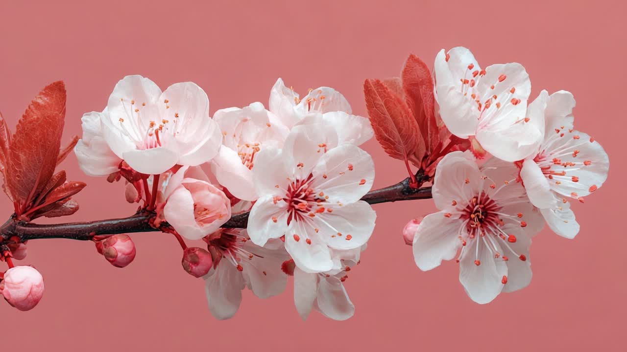 A Beautiful Bloom: Exquisite Branch of Cherry Blossoms Captured in Two Stunning Frames Against a Soft Pink Background