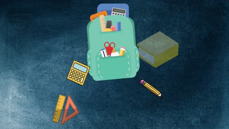 Animation-of-school-concept-icons-falling-out-of-a-school-bag-against-textured-blue-background