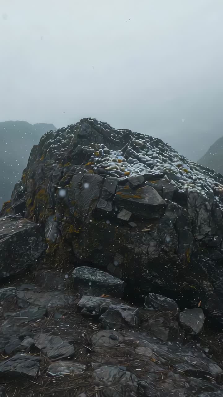 Vertical video: Starting light snow falling, rock outcrop gathering patches on ridge lichen visible