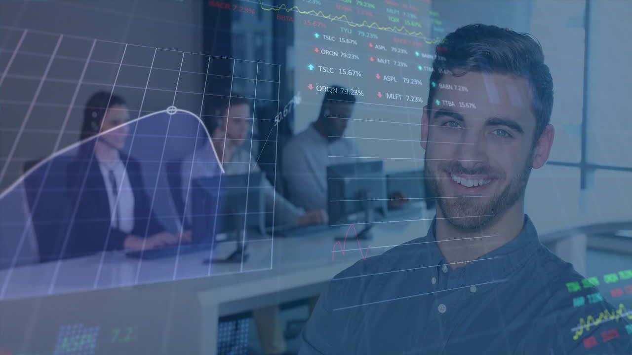 In office, man smiling with financial data and graphs in animation overlay