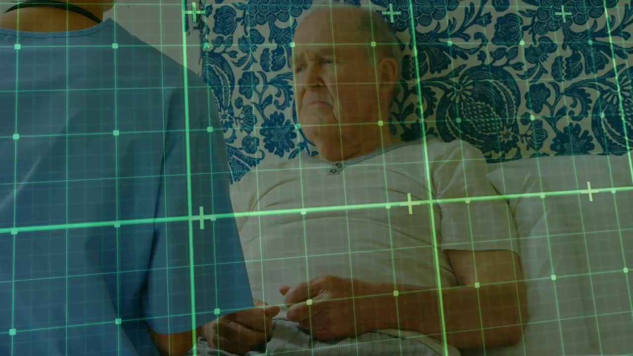 Animation of data processing over female doctor with senior patient