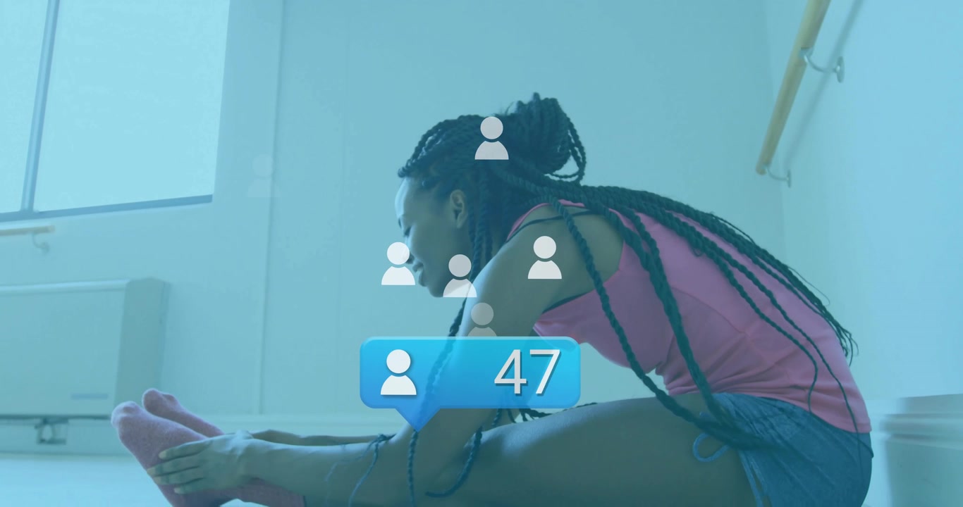 Young Woman Stretching While Social Media Follower Count Increases