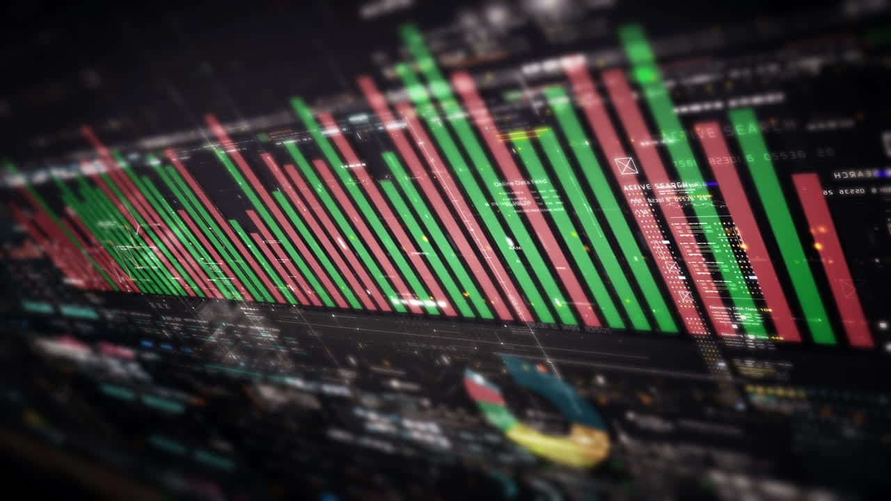 Borsa valori, trading, infografica aziendale con grafici animati, diagrammi e analisi approfondita dei dati numerici, da mostrare su schermo monitor per un mock-up di riunione aziendale