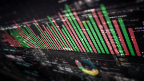 Mercado-De-Valores-De-Negocios,-Comercio,-Gráfico-De-Información-Con-Gráficos-Animados,-Gráficos-Y-Análisis-De-Información-De-Números-De-Datos-Que-Se-Mostrarán-En-La-Pantalla-De-Visualización-Del-Monitor-Para-El-Tema-De-La-Maqueta-De-La-Reunión-De-Negocios