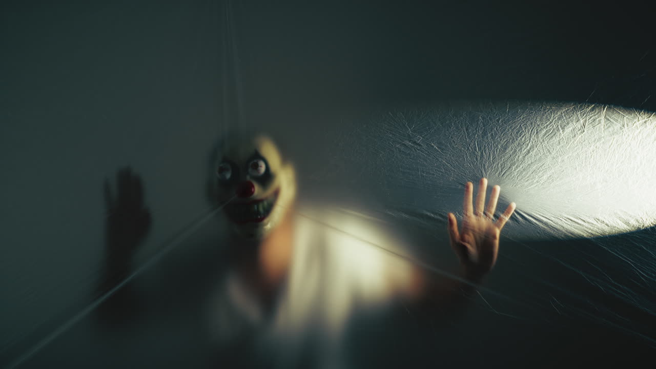 Halloween Monster With Mask Peeks Out From Transparent Curtain The Night