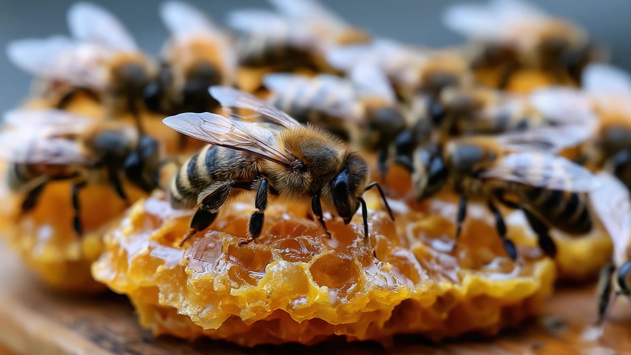 Uno sguardo ravvicinato ad api operose con favo, che mostra il loro comportamento intricato e la bellezza degli impollinatori della natura
