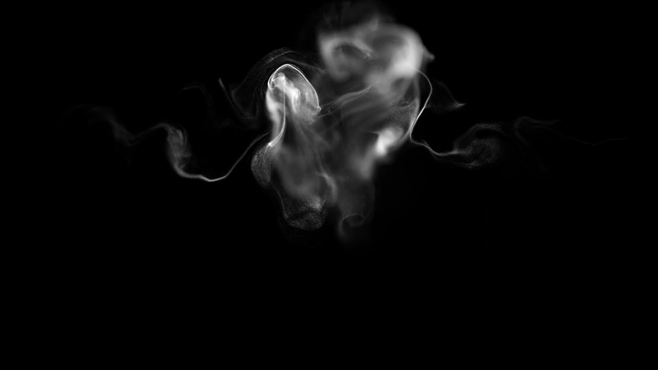 Particelle astratte di fumo bianco che si scontrano e si dissolvono su sfondo nero