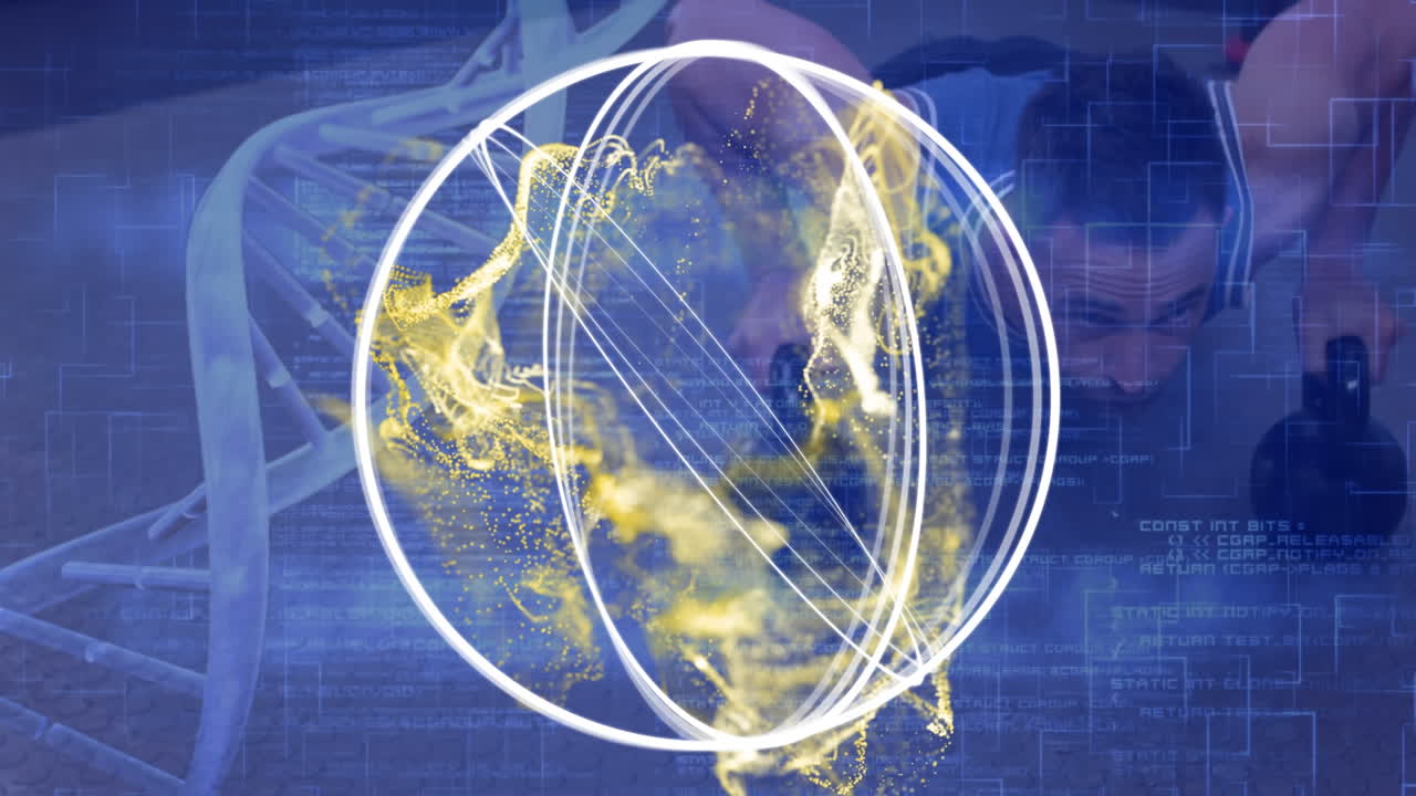 animación de adn, datos y globo sobre fondo azul