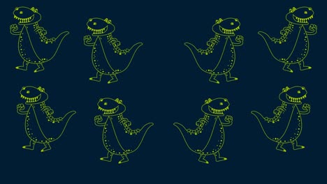 big blue and happy dinosaur with appearing of yellow dinosaurs with dark and green background - animation