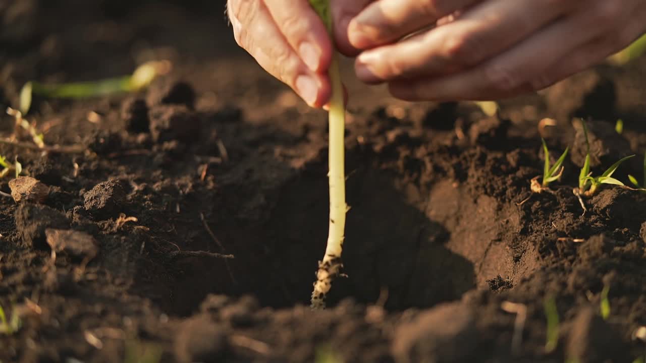 Hände halten Setzling, senken grünen Setzling in umgegrabene Erde im Gartenbeet, sichern die Wurzeln