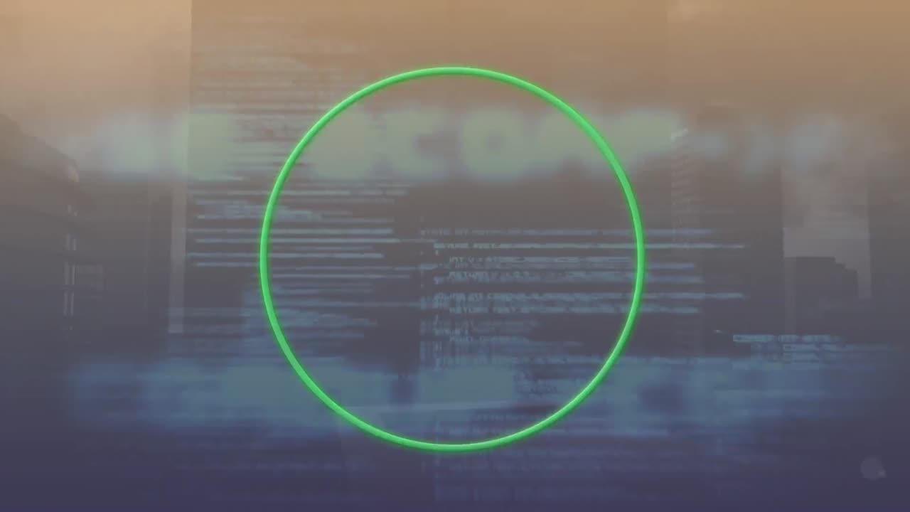 animación de glóbulos rojos y círculo verde con lenguaje de programación sobre el paisaje urbano