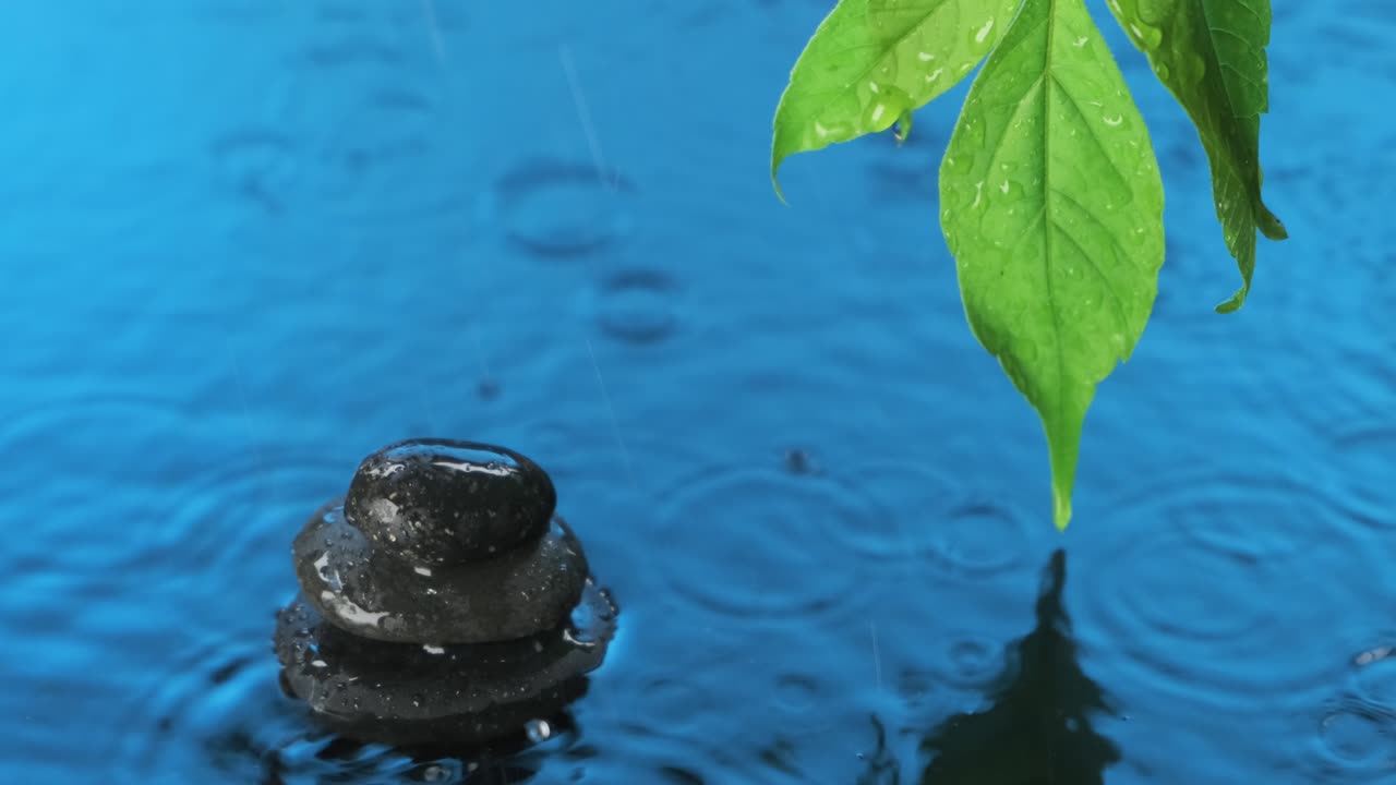 Raindrops falling on a cairn and blue water.