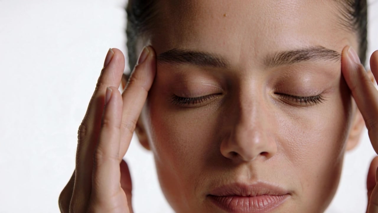 Starting with closed eyes, woman pressing fingertips to temples in studio closeup, showing massage