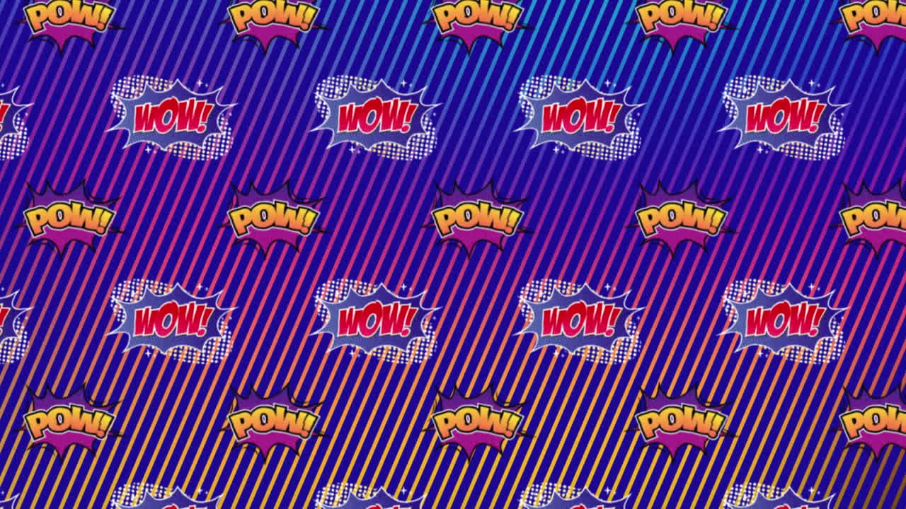 animación de texto, wow, pow, en naranja y rojo, repetido, moviéndose en líneas diagonales azules