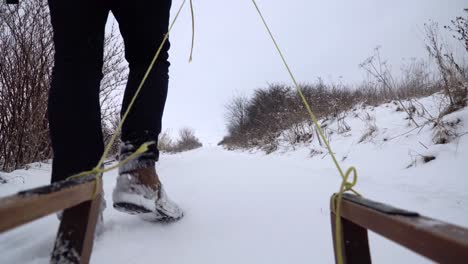 POV-view-from-back-of-wooden-sleigh-being-pulled-by-male-through-wintery-landscape