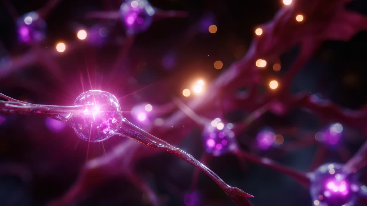 Elegant Close-Up of Neurons with Vibrant Purple Glow in a Beautiful Abstract Visualization of Neural Network Connections and Synaptic Activity