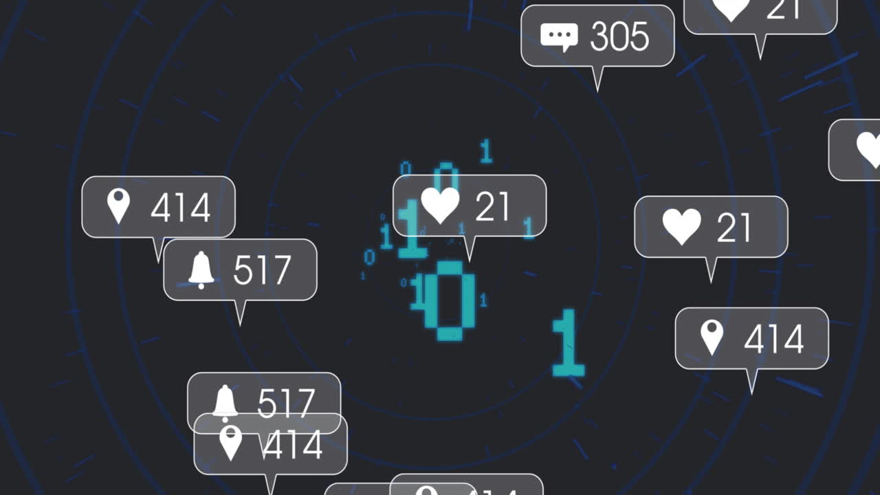 Digital notifications and social media icons overlaying binary code animation