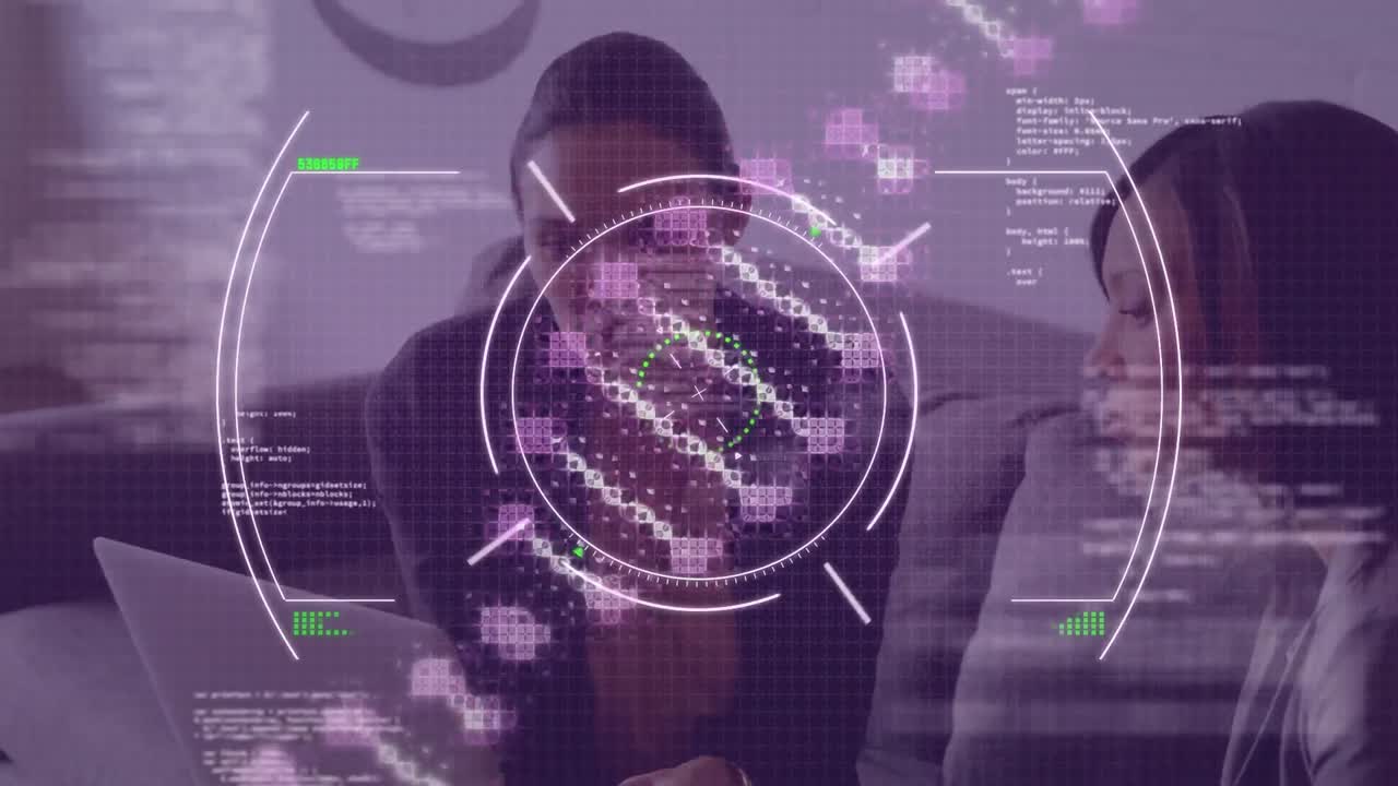 animación del procesamiento de datos sobre diversas personas de negocios en la oficina y cadena de adn.