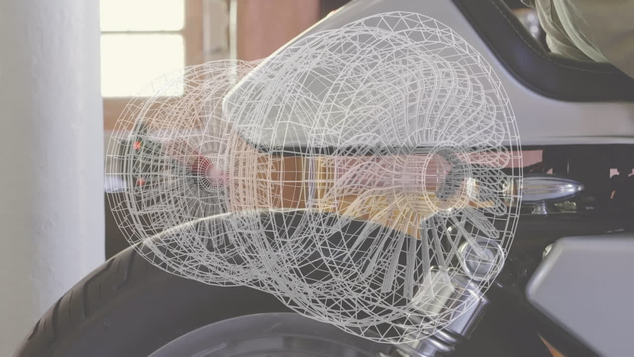 Animation of 3d engine drawing over motorcycle wheel
