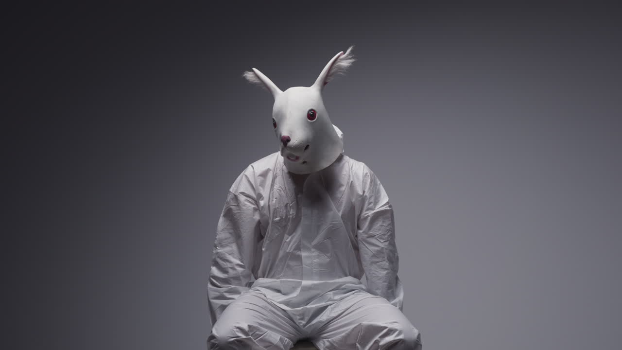Person Wearing Rabbit Mask and Protective Suit