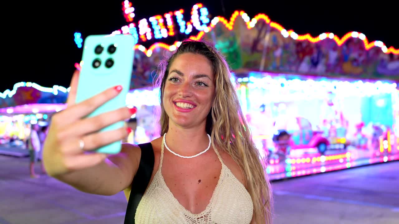 Kvinne som tar en selfie på et tivoli