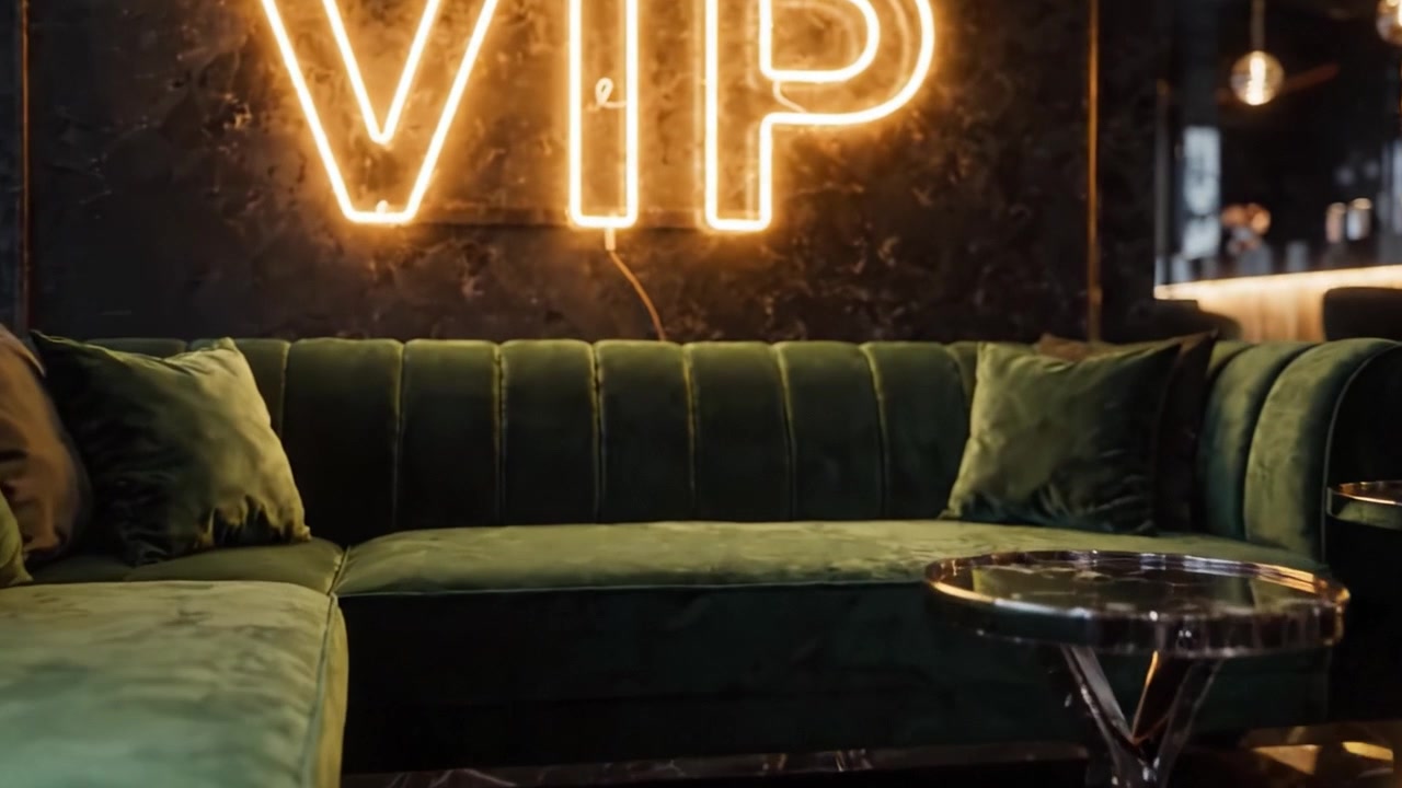 Luksuriøst loungeområde med VIP-skilt, plysset grøn sofa og elegant baropsætning, perfekt til elitearrangementer og stilfulde begivenheder i en chik atmosfære.