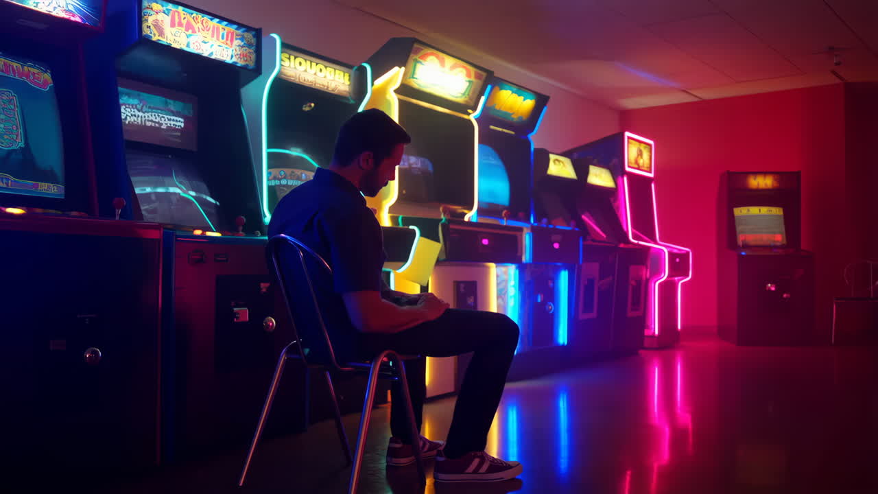 Man in a Neon-Lit Retro Arcade