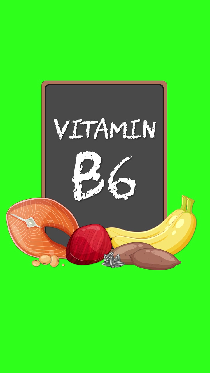 Lavagna con testo Vitamina B6 e alimenti sani appaiono su sfondo verde brillante, transizione fluida.