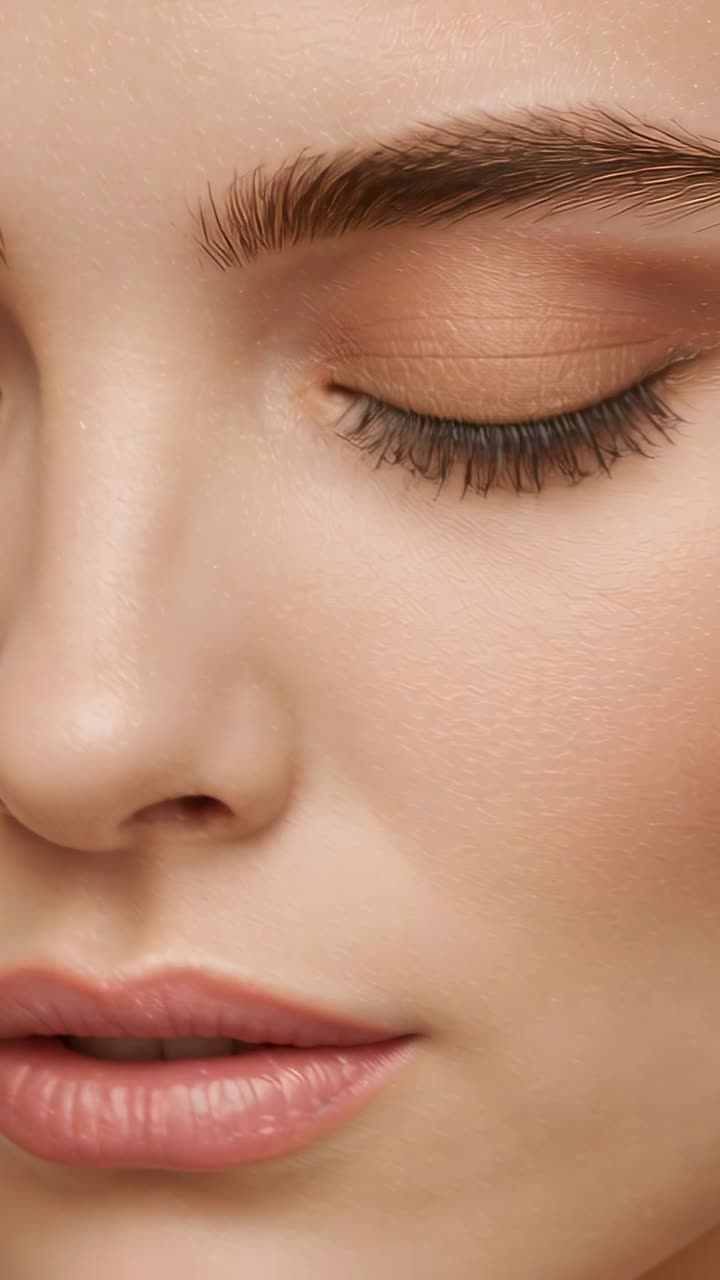 Vertical video: Shifting camera, model blinking, revealing brow, eyelid in studio, showing mascara