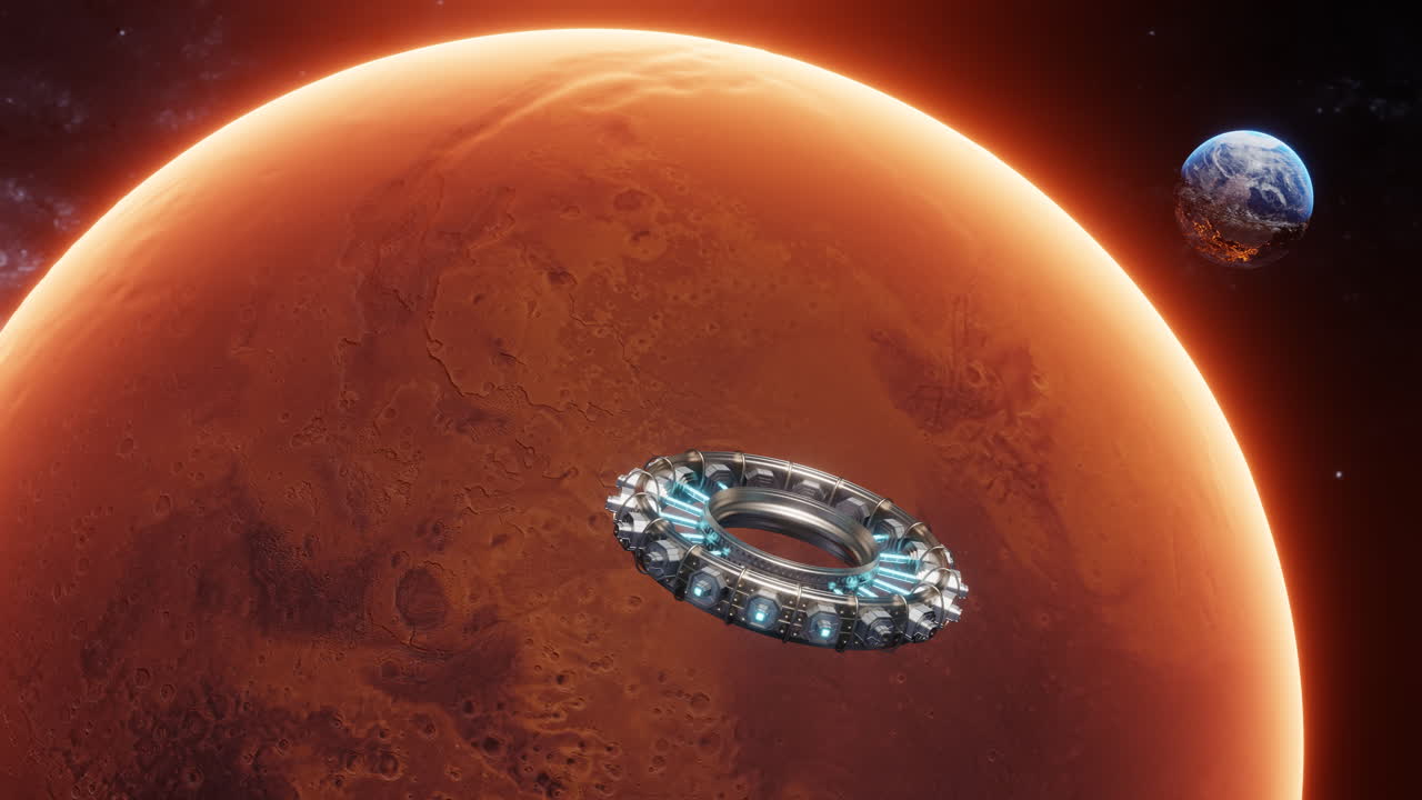 View of Mars, earth and spaceship
