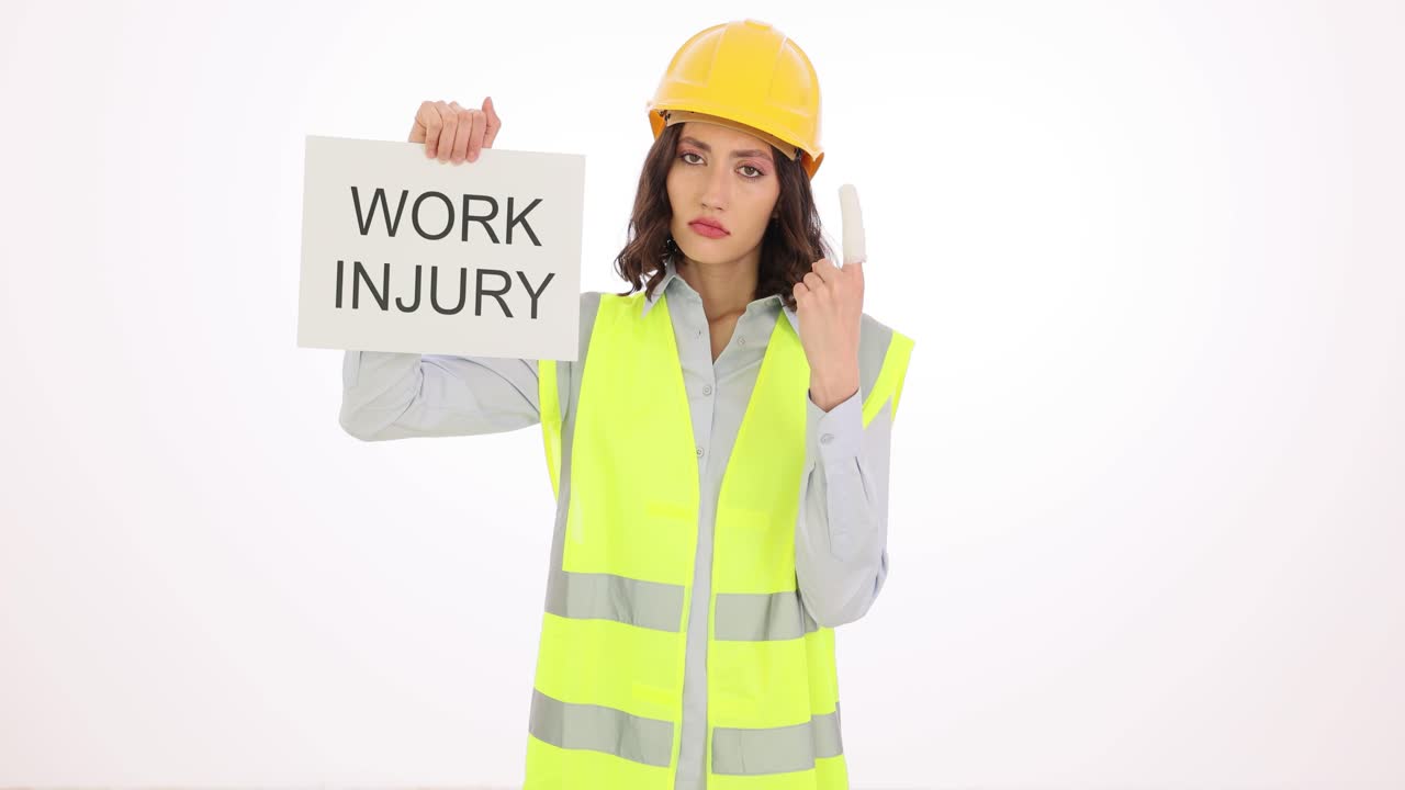 Woman worker in hard hat and vest holding 'Work Injury' sign with bandaged finger